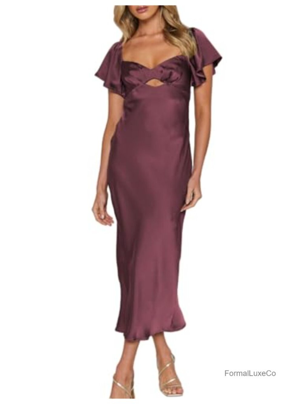 Satin Midi Dress Flutter Sleeve Sweetheart Cutout Ruched Open Back Wedding Guest